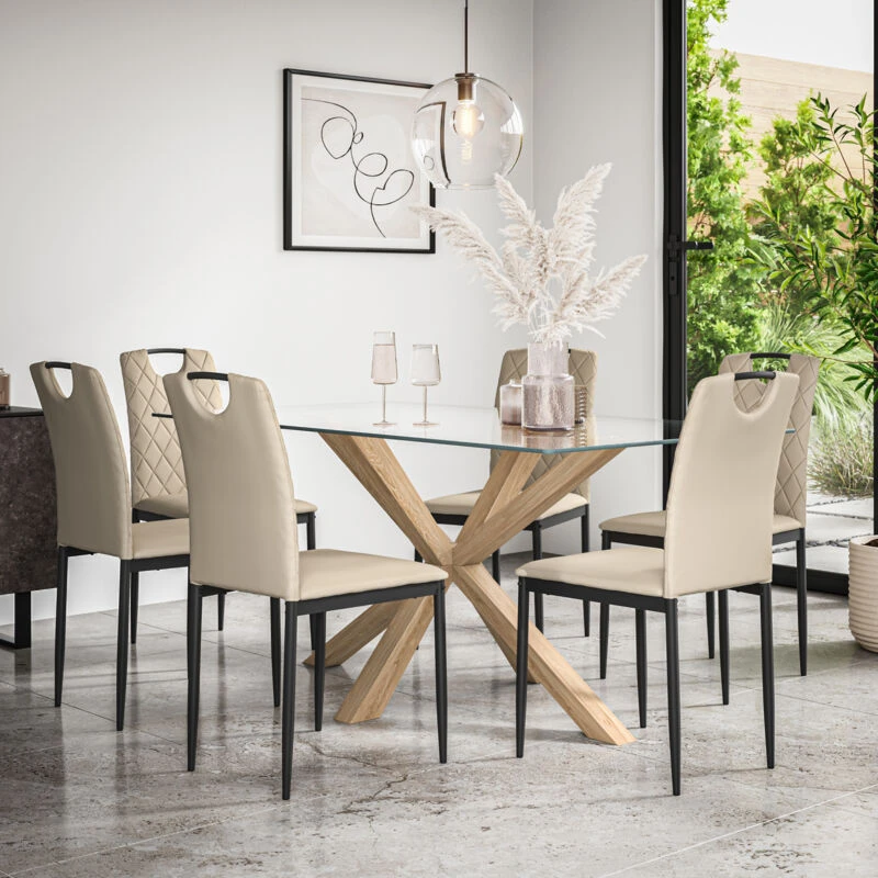 Image of More4Homes Etta Glass Dining Table & Chairs - Glass Top w Solid Oak Legs + Monza Faux Leather Dining Chair Set Of 6 in Beige Beige Unisex
