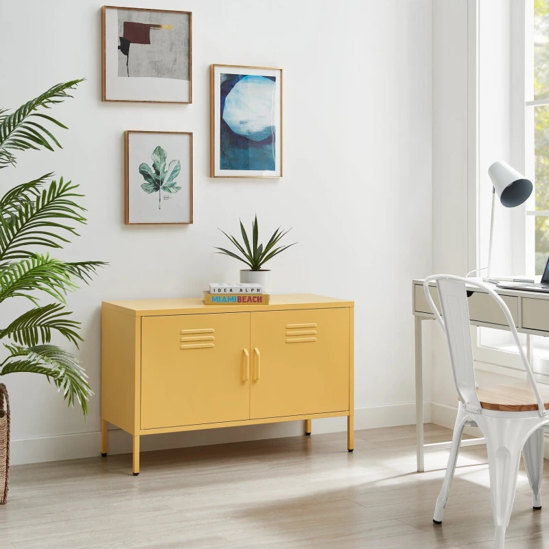 Image of FurnitureboxUK FurnitureboxUK Teksi Modern Metal 2 Door Sideboard in Mustard Mustard One Size Unisex 5056657188436