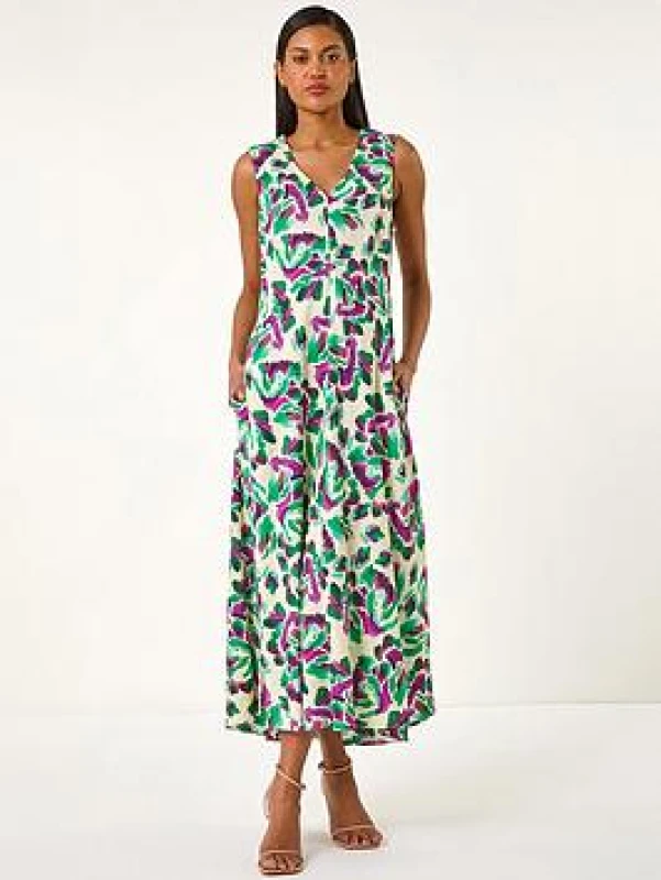 Image of Roman Womens Abstract Print Sleeveless Midi Dress in Purple Size: 14 Purple Female 14