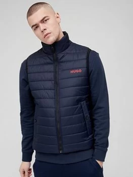 Image of HUGO Slim Fit Water Repellent Padded Gilet with Contrast Logo - Navy, Dark Blue, Size L, Men