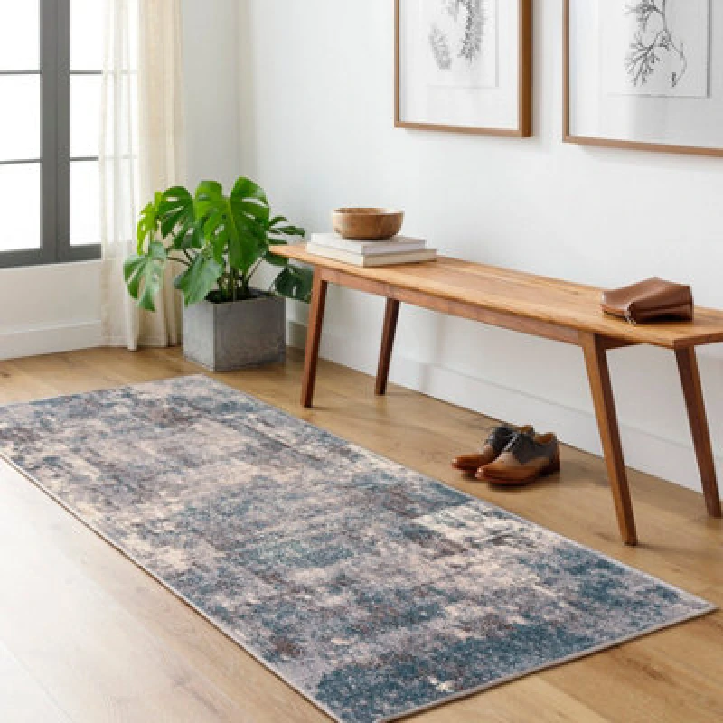 Image of Livabliss Abstract Modern Marble Teal Noa Runner Rug 80 X 220 Cm - Easy Care, Non Shedding, Ideal For Hallway Or Beside The Bed
