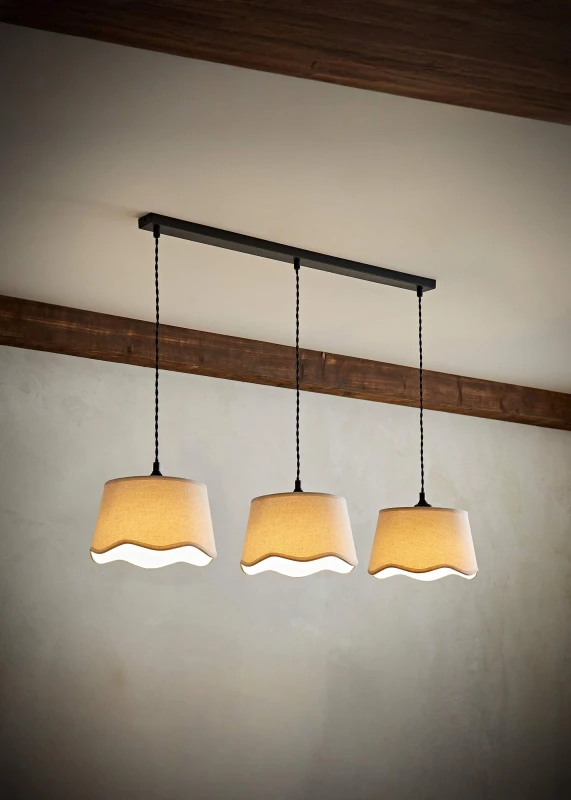 Image of ValueLights ValueLights Mabel Natural Linen Scallop 3 Drop Black Diner Ceiling Light and Bulbs Natural One Size Unisex 5059406069239
