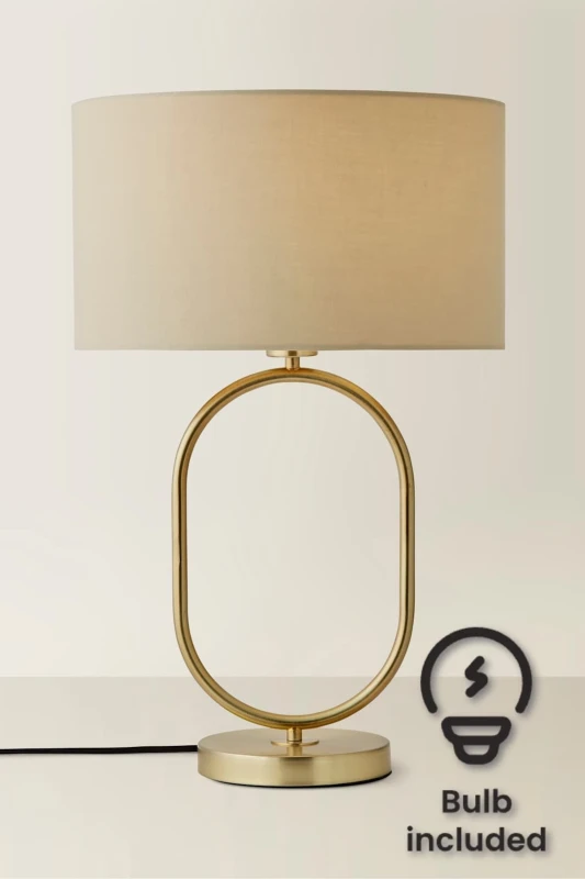 Image of ValueLights Antonia Fabric Drum Lamp Shade Brushed Gold Oval Table Lamp with LED Bulb in Natural Natural Unisex