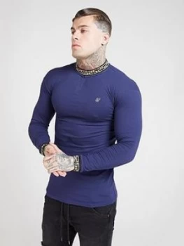 Image of SikSilk Long Sleeve Chain Rib Collar Cuff Polo Shirt - Navy