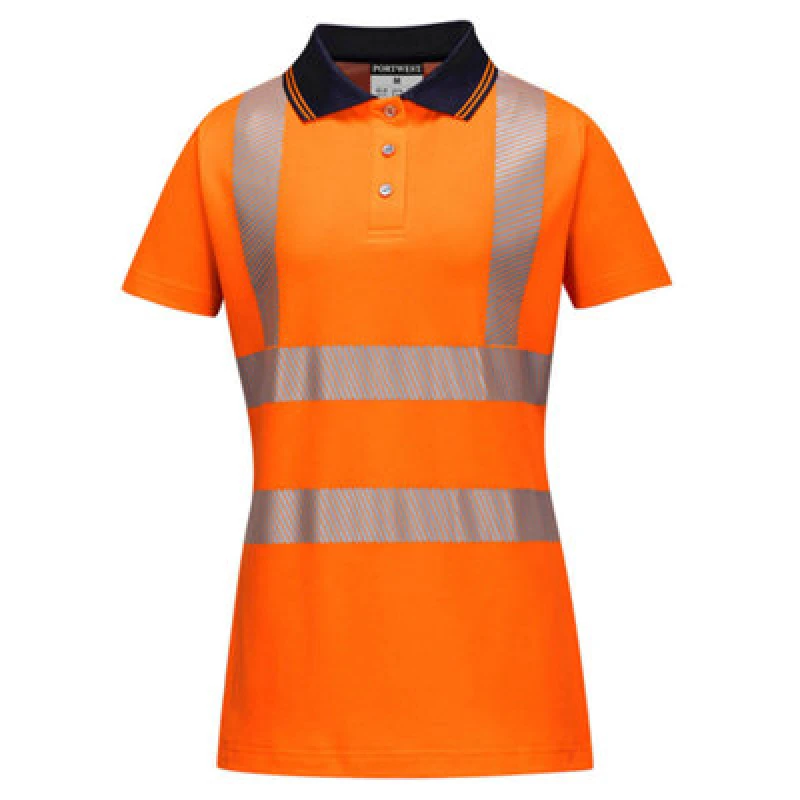 Image of Portwest Hi Vis Womens Cotton Comfort Pro Polo Short Sleeve Shirt LW72OBRM Colour: Orange / Black