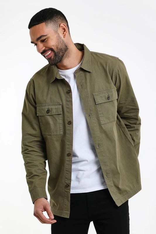 Image of Threadbare 'Ministry' Lightweight Cotton Shacket Khaki