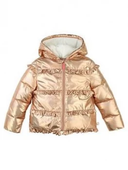 Image of Billieblush Girls Metallic Ruffle Hooded Coat - Copper, Copper, Size 6 Years, Women