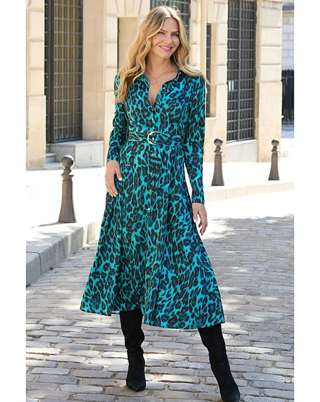 Image of Sosandar Sosandar Belted Animal Shirt Dress Leopard - Sosandar - Size: 8 Leopard Female 8 RF41401
