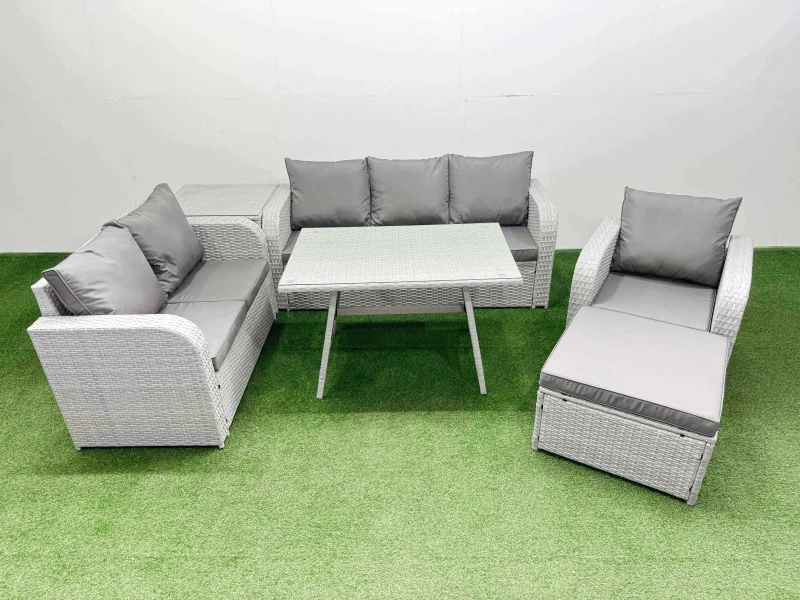 Image of Fimous Patio Dining Table & Chairs Sets with Reclining Chair Side Table in Light Grey Light Grey Unisex