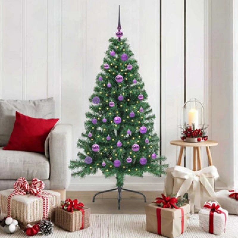 Image of vidaXL Artificial Pre-lit Christmas Tree with Lilac Balls Green 150cm PVC, Green 3397004