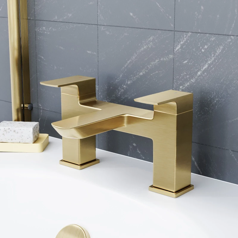 Image of Nes Home Modern Brushed Brass Bathroom Square Deck Mounted Bath Filler Tap Gold
