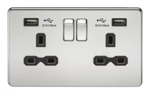 image of KnightsBridge 13A 2G Screwless Polished Chrome 2G Switched Socket with Dual 5V USB Charger Ports - Black Insert