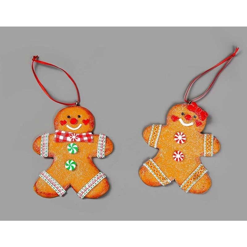Image of Shatchi Christmas Tree Hanging Decorations Traditional Gingerbread Cookie Couple Man & Lady Xmas Tree Wall 12pcs Set Yellow