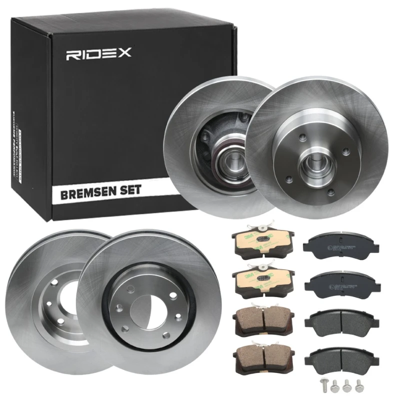 Image of RIDEX 3405B1757 Brake disc and pads set Front Axle, Brake Disc Type: Externally Vented, not prepared for wear warning indicator, with wheel bearing B