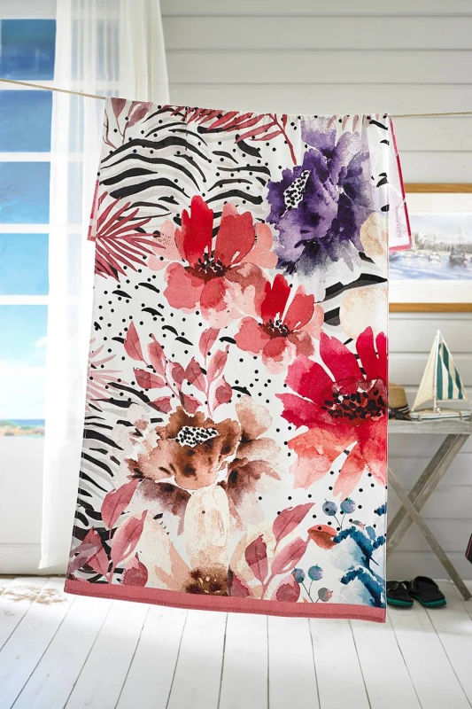 Image of Deyongs Quick Drying Cotton Extra Large Beach Towel Floral Whisper Printed Velour 90x180cm Multi