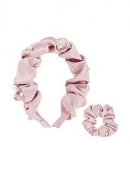 image of Monsoon Girls Satin Pearl Scunchie & Hairband Set - Pink