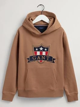 Image of Boys, Gant Kids Banner Shield Hoodie - Roasted Walnut, Roasted Walnut, Size 13-14 Years