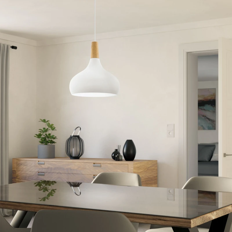 Image of Eglo Sabinar Metal/Wood Single Pendant Light in White White Unisex