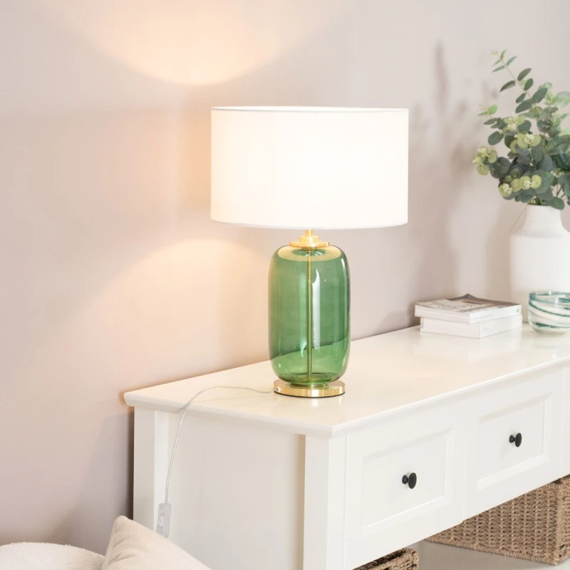 Image of ValueLights Leigh Fabric Drum Shade with Forest Green Glass and Gold Trim Table Lamp White