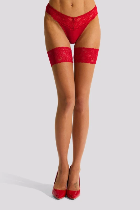 Image of Ann Summers Womens Lace Top Hold Ups in Red Size: XS Red Female XS