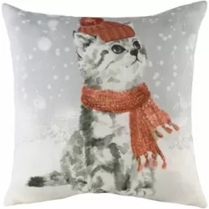Image of Evans Lichfield - Christmas Snowy Cat with Scarf Watercolour Print Cushion Cover, Multi, 43 x 43 Cm