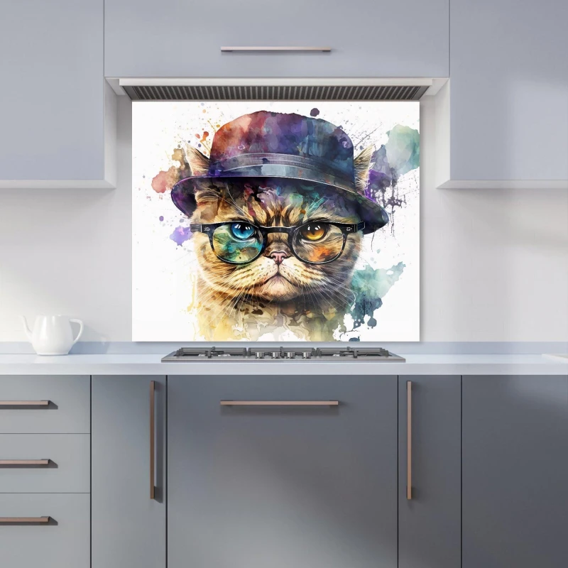 Image of Warren Reed - Designer Shorthair Cat With Glasses Splashart Kitchen Splashback Size: 600mm x 750mm Multicolor Unisex 600mm x 750mm