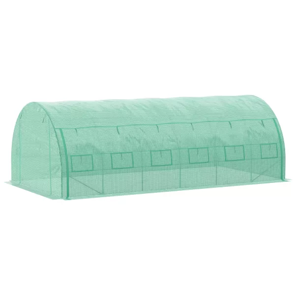 Image of Outsunny Polytunnel Greenhouse Walk-in Grow House Tent with Roll-up Sidewalls, Zipped Door and 12 Windows, 6x3x2m Green