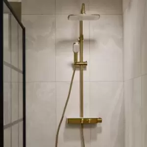 image of Brushed Brass Triton Push Button Thermostatic Mixer Bar Shower with Square Overhead & Handset