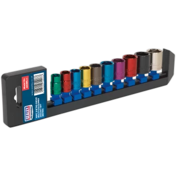 image of Sealey 10 Piece 3/8" Drive Coloured Hexagon WallDrive Socket Set Metric 3/8"