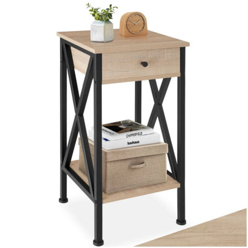 Image of Tectake Bedside Table Dayton - Industrial Style, With 2 Shelves, Drawer, 35 X 35 X 70.5cm - Industrial Wood Light, Oak Sonoma