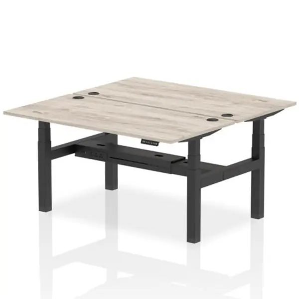 Image of Air Air Back-to-Back 1600 x 800mm Height Adjustable 2 Person Bench Desk Grey Oak Top with Cable Ports Black Frame HASCP2P16800GRYB