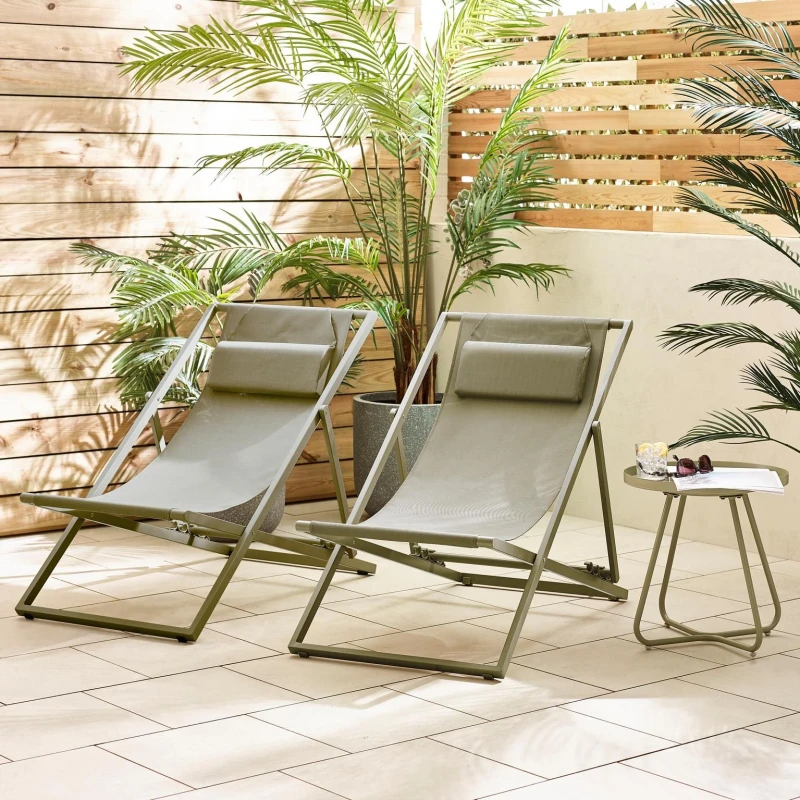 Image of FurnitureboxUK FurnitureboxUK 2x Corsica Metal and Textilene Outdoor Deckchairs with Headrest in Green Green One Size Unisex 5056784305430