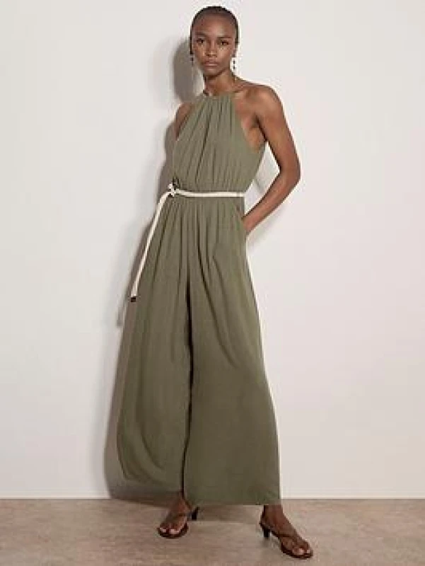 Image of Apricot Halter Neck Rope Belt Jumpsuit - Green Green X27MZ Female L,M,S,XL,XS,XXL