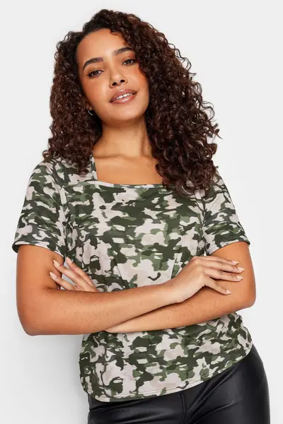 image of M&Co Abstract Print Square Neck Top Green