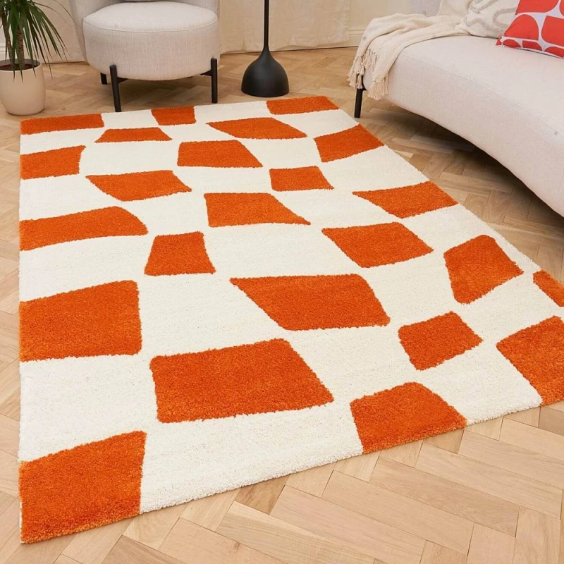 Image of THE RUGS Joli Chequered Soft & Dense Pile Living Room & Bedroom Rug in Burnt Orange Size: 80cm x 150cm Burnt Orange Unisex 80cm x 150 cm