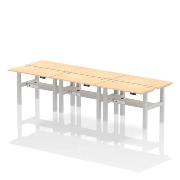 Image of Air Air Back-to-Back 1200 x 600mm Height Adjustable 6 Person Bench Desk Maple Top with Cable Ports Silver Frame HASCP6P12600MPES
