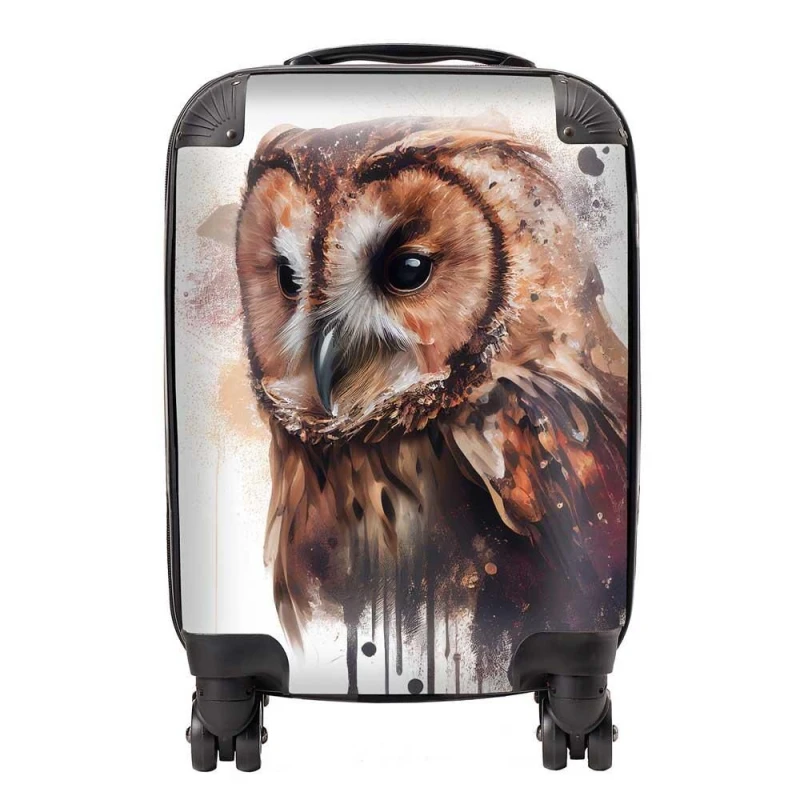 Image of Warren Reed - Designer Tawny Owl Face Splashart Light Background Suitcase in Brown Size: Large Brown Unisex Large