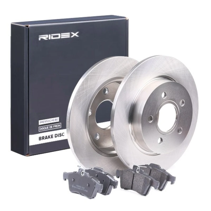Image of RIDEX 3405B0116 Brake disc and pads set Rear Axle, Brake Disc Type: Solid, with anti-squeak plate Brake Set,disc brakes (3405)