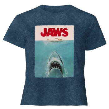 image of Jaws Classic Poster - Womens Cropped T-Shirt - Navy Acid Wash - L - Navy Acid Wash