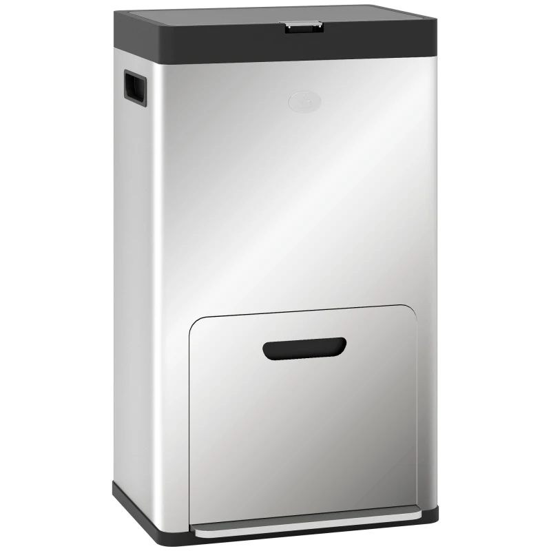 Image of HOMCOM 3 Compartment Kitchen Bin, 56L Stainless Steel Pedal Bin with Wheels Silver