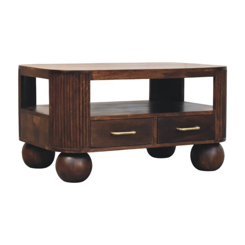 Image of Artisan Furniture Artisan Furniture Solid Wood Sphere Leg Coffee Table, 2 Drawers And Open Slot, Dark Brown