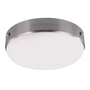Image of 2 Bulb Flush Light Riveted Band White Opaque Shade Brushed Steel LED E27 75W