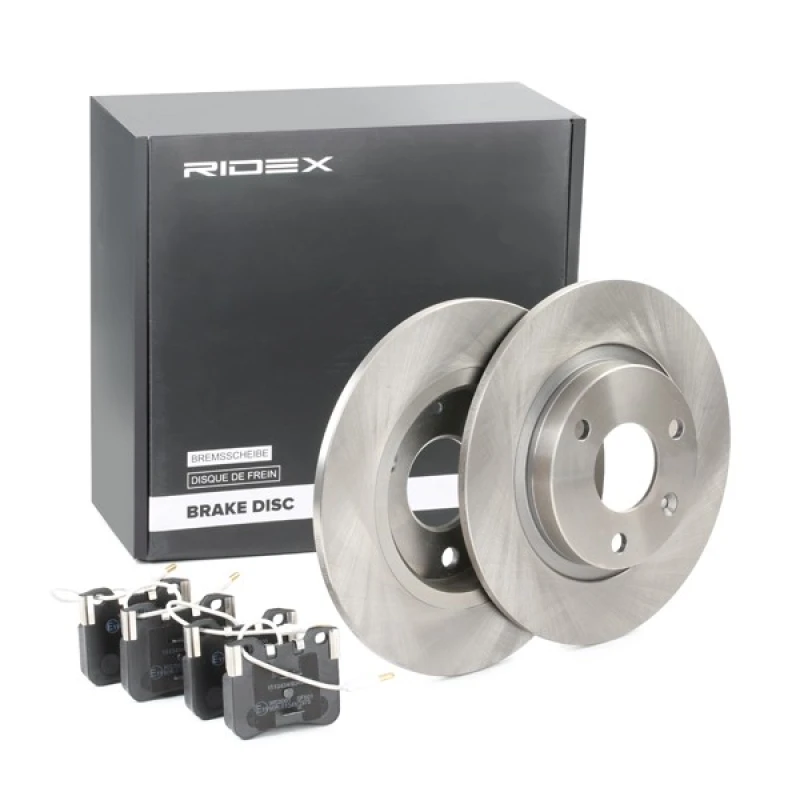 Image of RIDEX 3405B0100 Brake disc and pads set Front Axle, Brake Disc Type: Solid, excl. wear warning contact Brake Set,disc brakes (3405)