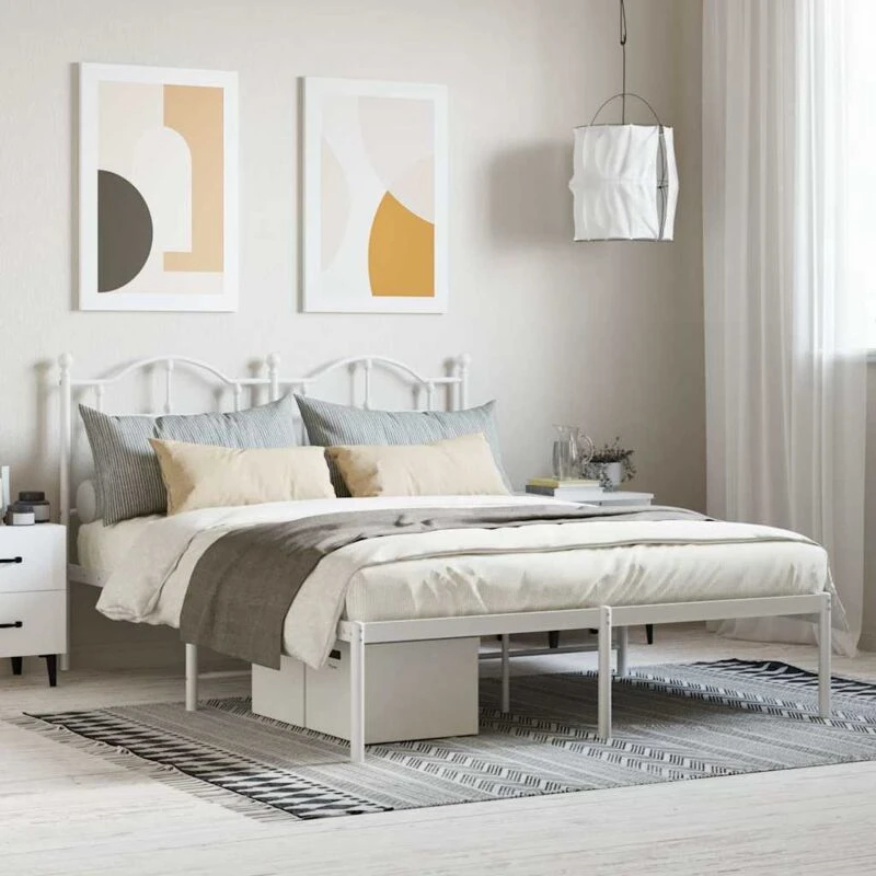 Image of Vidaxl Metal Bed Frame Without Mattress With Headboard White 140X200 Cm, White 353489