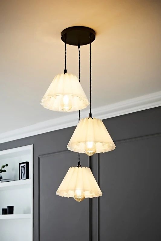Image of ValueLights Lauren White Pleated Shade 3 Drop Cluster Black Ceiling Pendant Light White Unisex