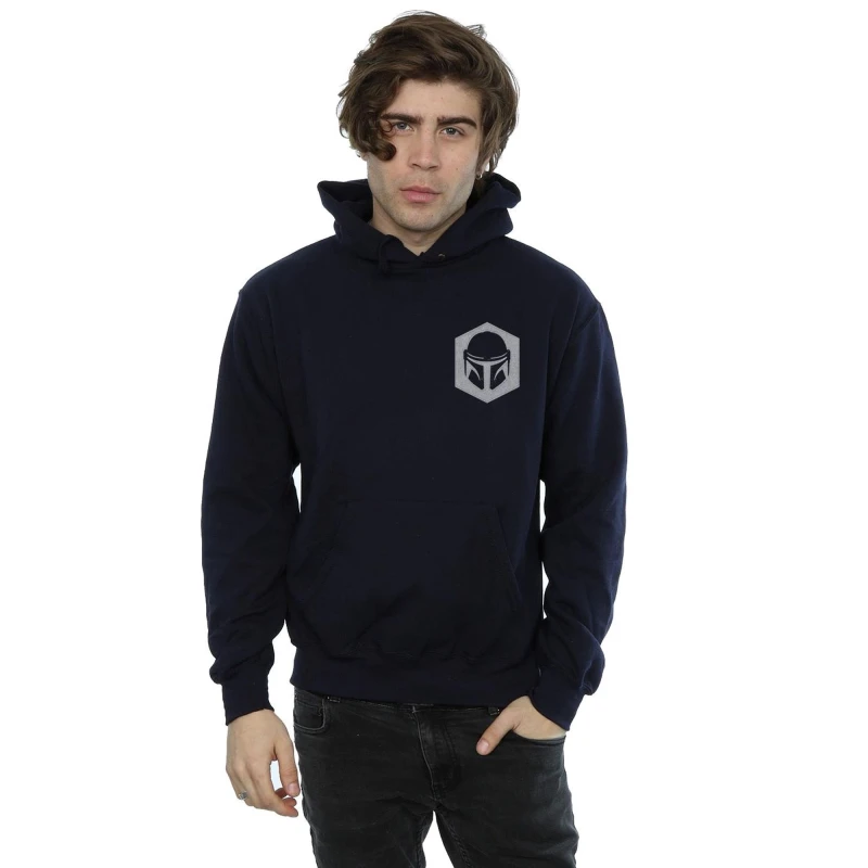 Image of Star Wars Star Wars Men The Mandalorian He Goes Pocket Hoodie in Navy Size: Small Navy S Male 5059568788412