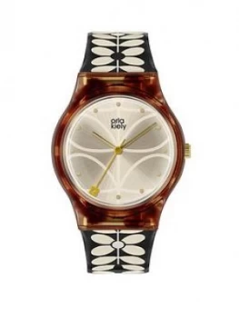 image of Orla Kiely Orla Kiely Bobby Champagne And Tortoise Shell Dial Black And White Stem Print Strap Ladies Watch