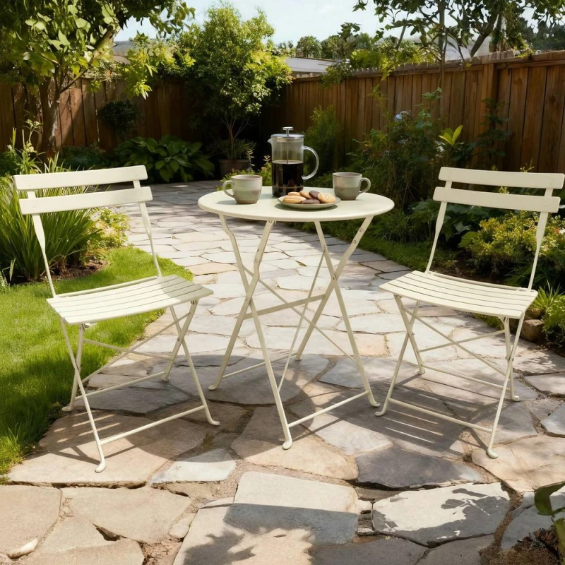 Image of Home Source Bistro Set Outdoor Patio Garden Furniture Table & 2 Chairs Metal in Cream Cream Unisex