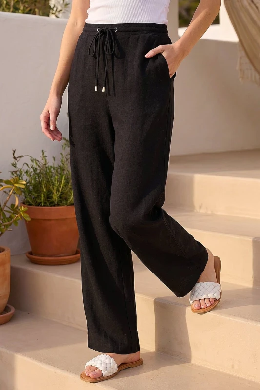 Image of Roman Womens Full Length Linen Trousers in Black Size: 12 Black Female 12