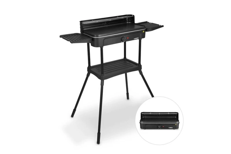 Image of Tower T14054 Standing Outdoor/Indoor Electric BBQ Grill, Temperature Controls, Stainless Steel, Easy Clean, Non-Stick Plate, 2200W, Black Size: A Bl